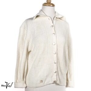Vintage White Button Up Cardigan Sweater w Collar 70s Deadstock NWT 40 - Hey Viv